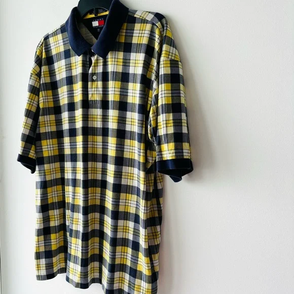 90s VTG Tommy Hilfiger Polo Shirt Yellow Blue Plaid Cotton Men XXL Preppy Grunge - Picture 3 of 9